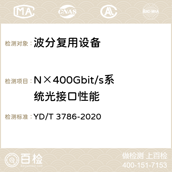 N×400Gbit/s系统光接口性能 YD/T 3786-2020 N×400Gb/s光波分复用（WDM）系统测试方法