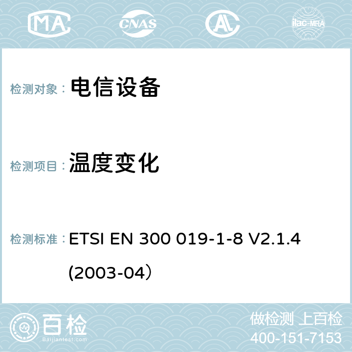 溫度變化 環境工程 電信設備環境條件和環境試驗 第1-8部分： 環境條件分類 地下場所固定使用 ETSI EN 300 019-1-8 V2.1.4 (2003-04）
