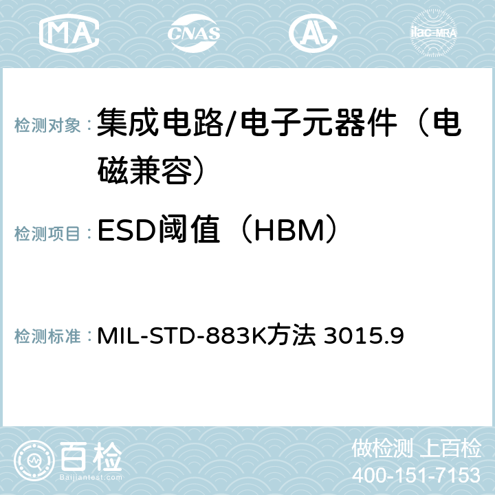 ESD阈值（HBM） 静电放电敏感度等级 MIL-STD-883K
方法 3015.9 \