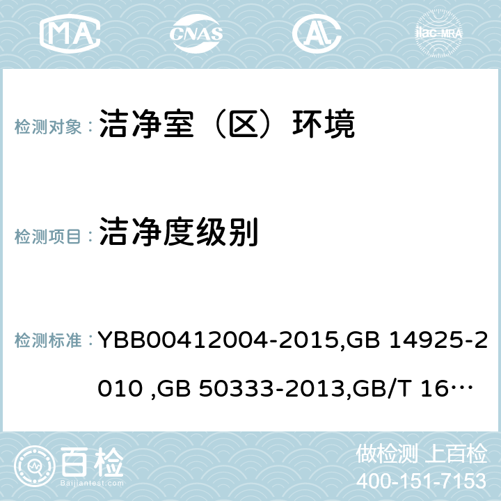 洁净度级别 药品包装材料生产厂房洁净室（区）的测试方法 , 实验动物 环境及设施, 医院洁净手术部建筑技术规范 （附条文说明）, 医药工业洁净室(区)悬浮粒子的测试方法 YBB00412004-2015,GB 14925-2010 ,GB 50333-2013,GB/T 16292-2010 (6),5.2,4