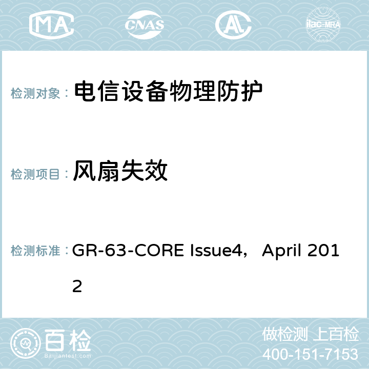 风扇失效 NEBS<Sup>TM</Sup>要求：物理防护 GR-63-CORE Issue4，April 2012 4.1.5,5.1.5