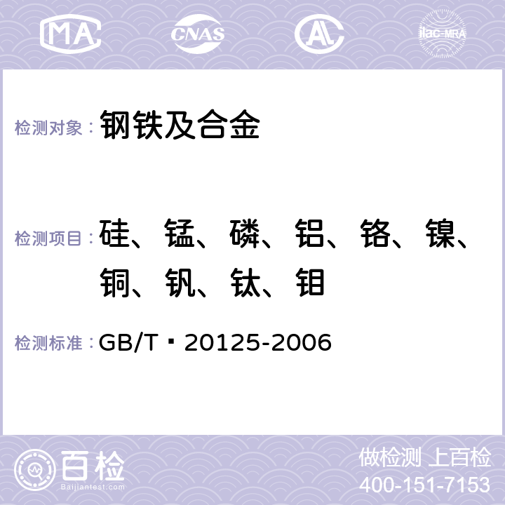 硅、锰、磷、铝、铬、镍、铜、钒、钛、钼 低合金钢 多元素含量的测定 电感耦合等离子体原子发射光谱法 GB/T 20125-2006