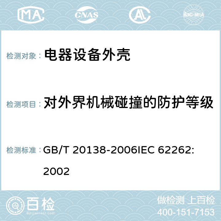 对外界机械碰撞的防护等级 电器设备外壳对外界机械碰撞的防护等级（IK代码） 
GB/T 20138-2006
IEC 62262:2002