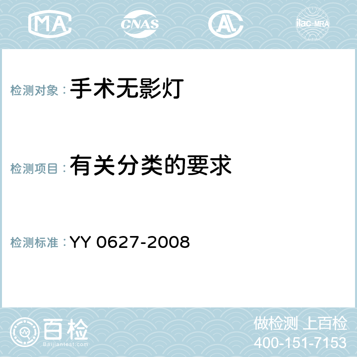 有关分类的要求 医用电气设备 第2部分：手术无影灯和诊断用照明灯安全专用要求 YY 0627-2008 14