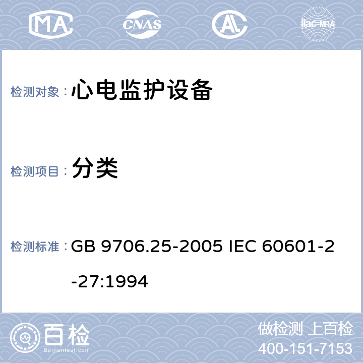 分类 医用电气设备 第2-27部分：心电监护设备安全专用要求 GB 9706.25-2005 IEC 60601-2-27:1994 5