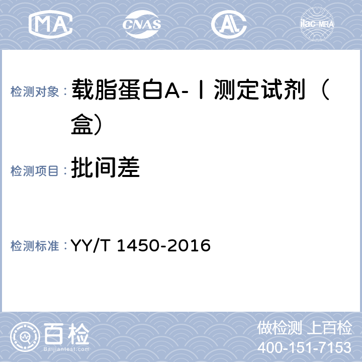 批间差 载脂蛋白A-Ⅰ测定试剂（盒） YY/T 1450-2016 3.6.2
