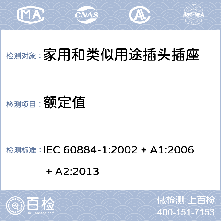 额定值 家用和类似用途插头插座第1部分：通用要求 
IEC 60884-1:2002 + A1:2006 + A2:2013 6