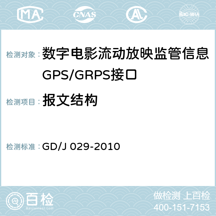 报文结构 数字电影流动放映监管信息GPS/GRPS接口技术要求和测试方法(暂行） GD/J 029-2010 6.6