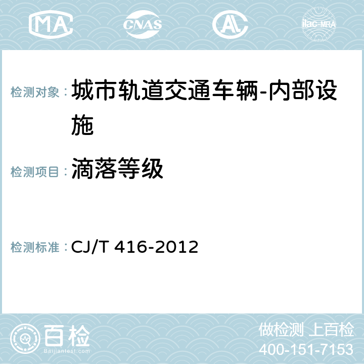 滴落等级 城市轨道交通车辆防火要求 CJ/T 416-2012 表9