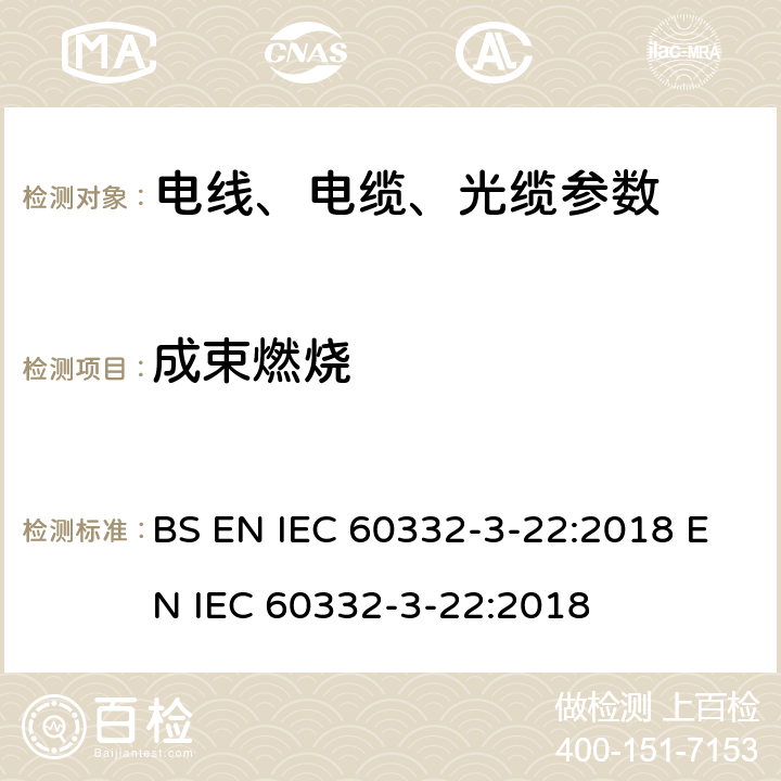 成束燃烧 电缆和光缆在火焰条件下的燃烧试验 第3-22部分：垂直安装的成束电线电缆火焰垂直蔓延试验A类 BS EN IEC 60332-3-22:2018 EN IEC 60332-3-22:2018