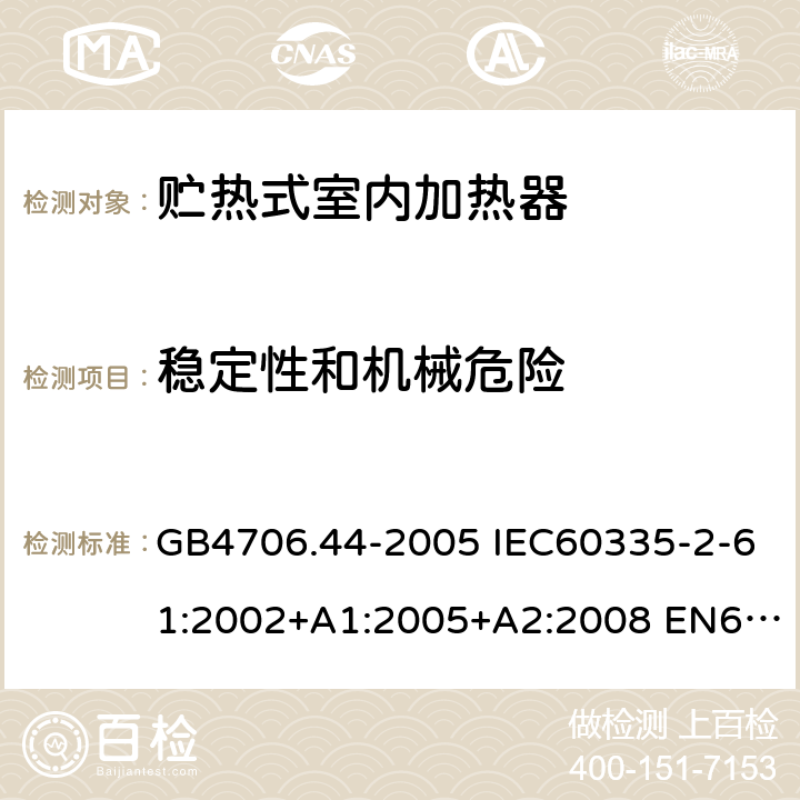 稳定性和机械危险 家用和类似用途电器的安全 贮热式室内加热器的特殊要求 GB4706.44-2005 IEC60335-2-61:2002+A1:2005+A2:2008 EN60335-2-61:2003+A1:2005+A2:2008 AS/NZS60335.2.61:2005(R2016)+A1:2005+A2:2009 20