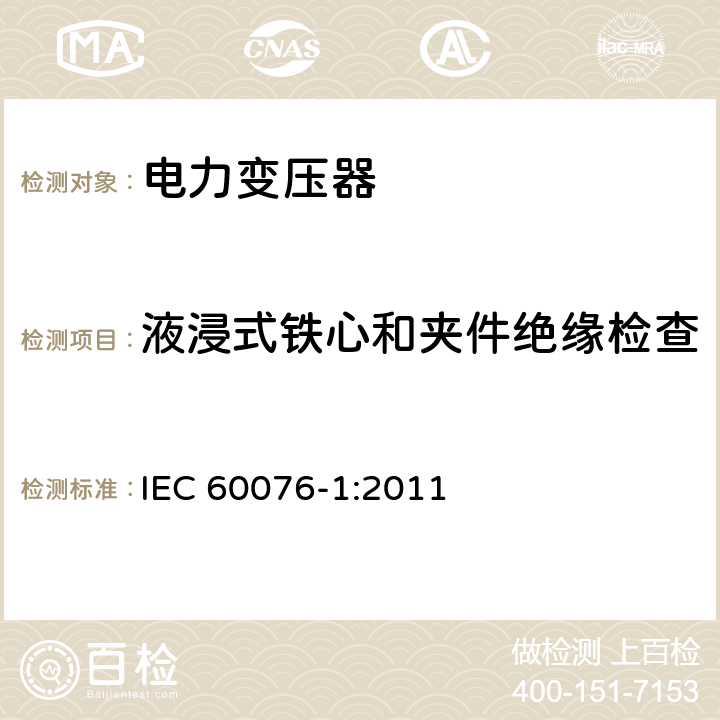 液浸式铁心和夹件绝缘检查 电力变压器 第1部分：总则 IEC 60076-1:2011 11.12