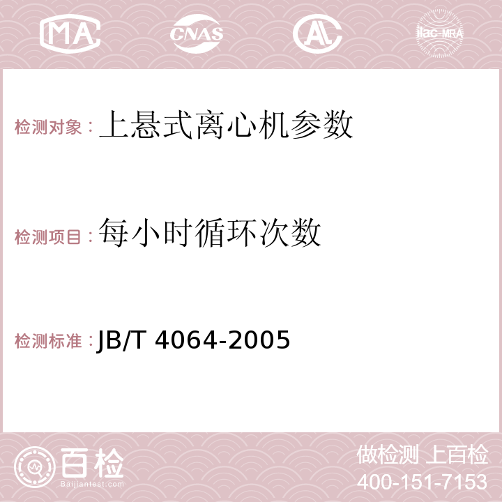 每小时循环次数 JB/T 4064-2005 上悬式离心机