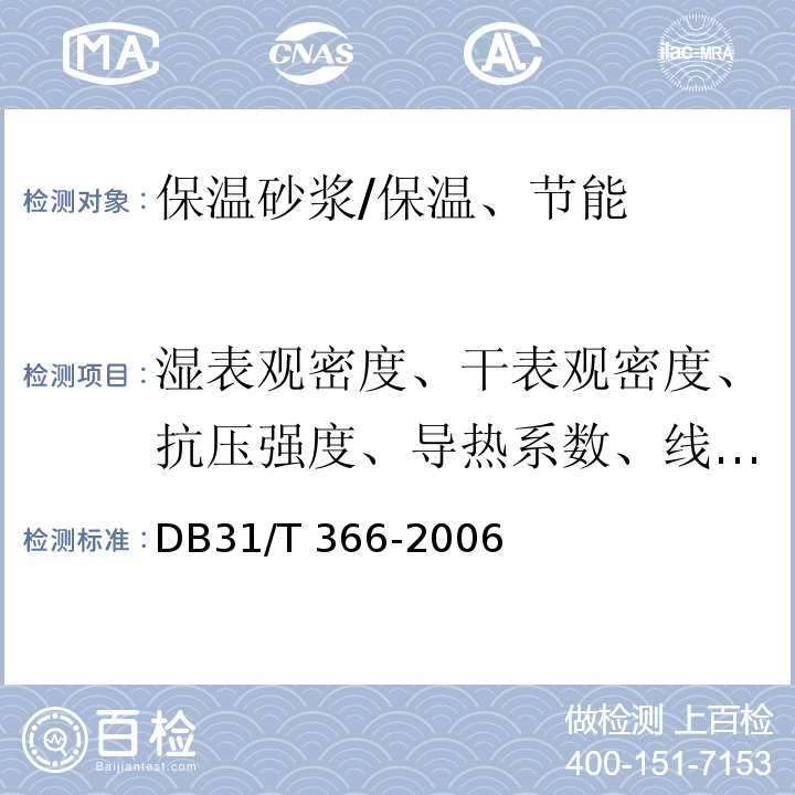 湿表观密度、干表观密度、抗压强度、导热系数、线收缩率、软化系数、拉伸粘结强度、燃烧性能 DB31/T 366-2006 外墙外保温专用砂浆技术要求