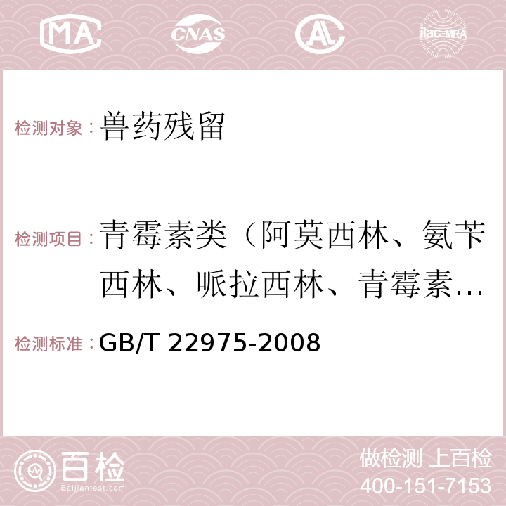 青霉素类（阿莫西林、氨苄西林、哌拉西林、青霉素G、青霉素V、苯唑西林、氯唑西林、萘夫西林和双氯西林） GB/T 22975-2008 牛奶和奶粉中阿莫西林、氨苄西林、哌拉西林、青霉素G、青霉素V、苯唑西林、氯唑西林、萘夫西林和双氯西林残留量的测定 液相色谱-串联质谱法