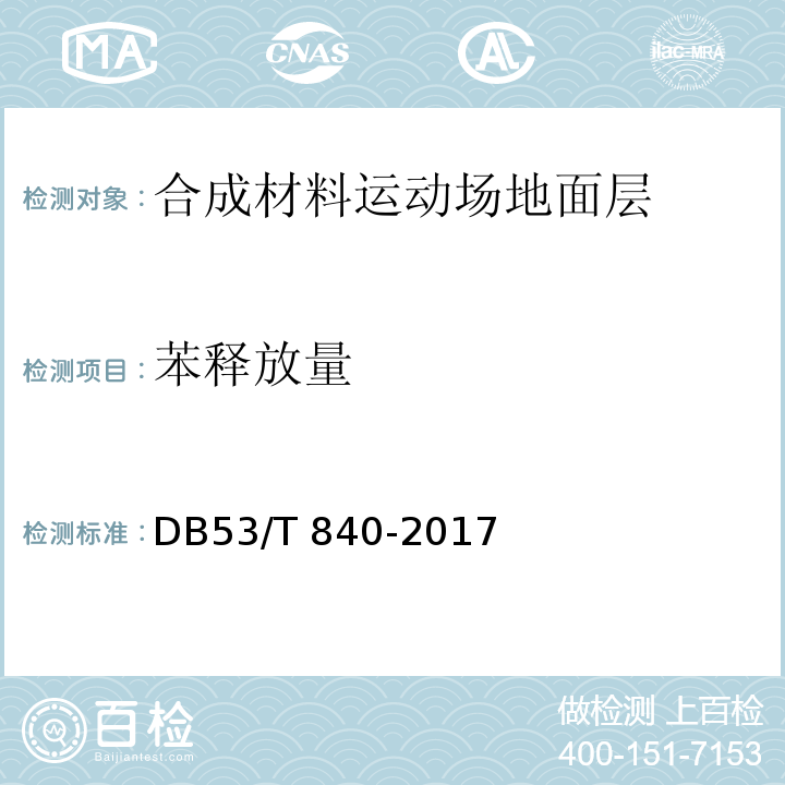 苯释放量 DB53/T 840-2017 合成材料运动场地面层有害物质限量