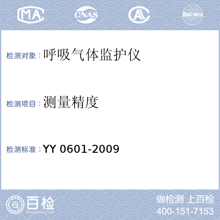 测量精度 YY 0601-2009 医用电气设备 呼吸气体监护仪的基本安全和主要性能专用要求