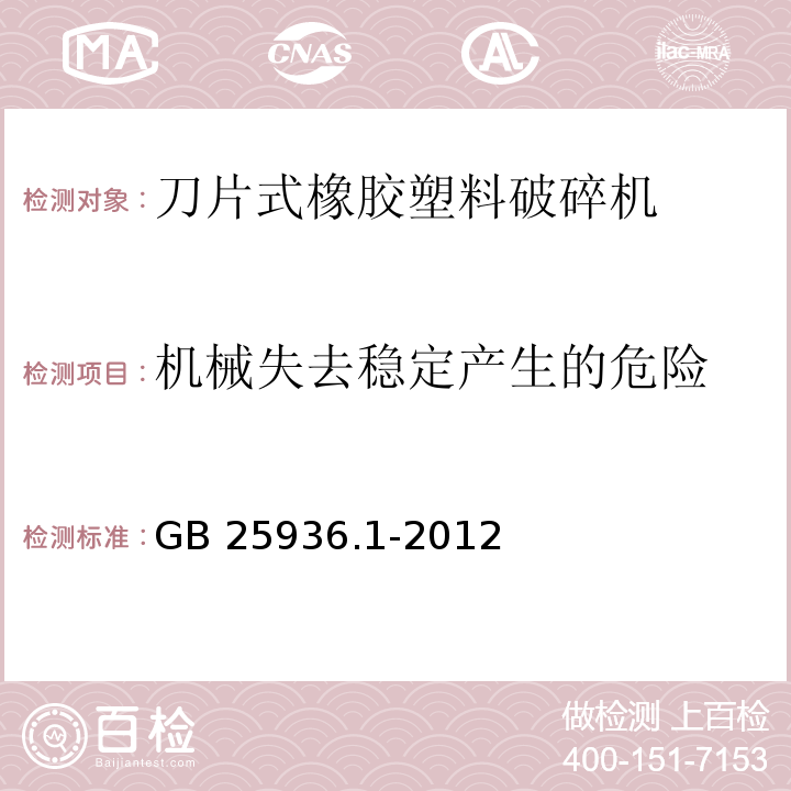 机械失去稳定产生的危险 GB 25936.1-2012 橡胶塑料粉碎机械 第1部分:刀片式破碎机安全要求