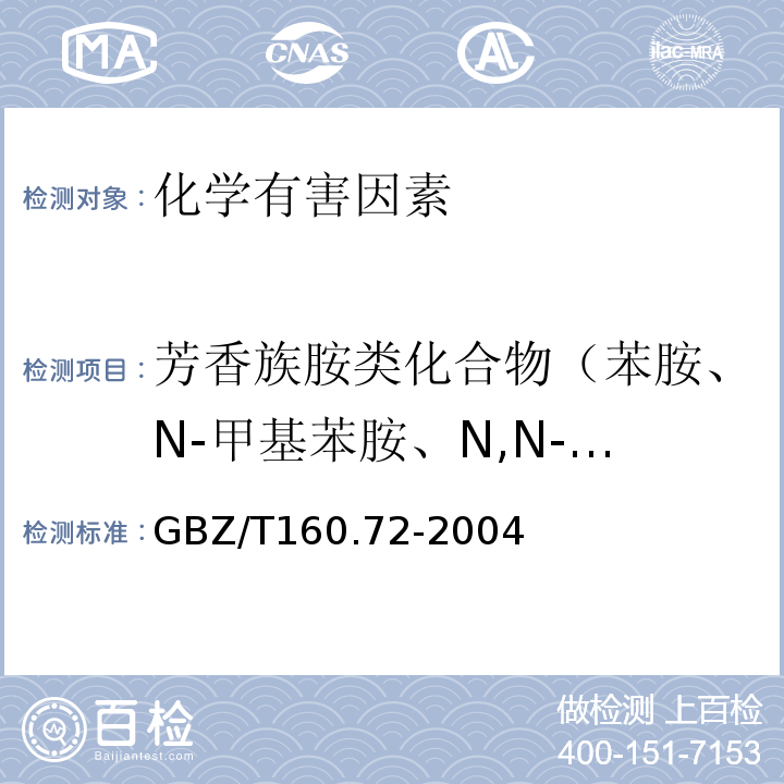 芳香族胺类化合物（苯胺、N-甲基苯胺、N,N-二甲基苯胺、苯胺、对硝基苯胺） GBZ/T 160.72-2004 （部分废止）工作场所空气有毒物质测定 芳香族胺类化合物