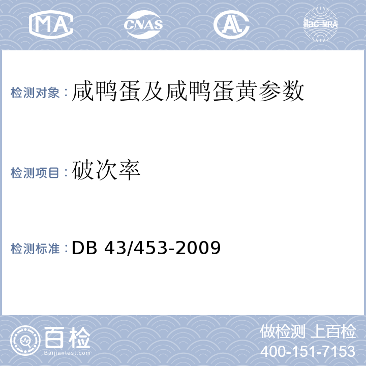 破次率 咸鸭蛋及咸鸭蛋黄 DB 43/453-2009