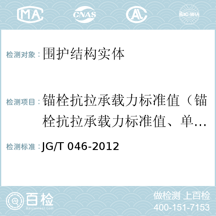 锚栓抗拉承载力标准值（锚栓抗拉承载力标准值、单个锚栓抗拉承载力标准值、拉拔承载力标准值） JG/T 046-2012 岩棉外墙外保温系统应用技术规程 苏