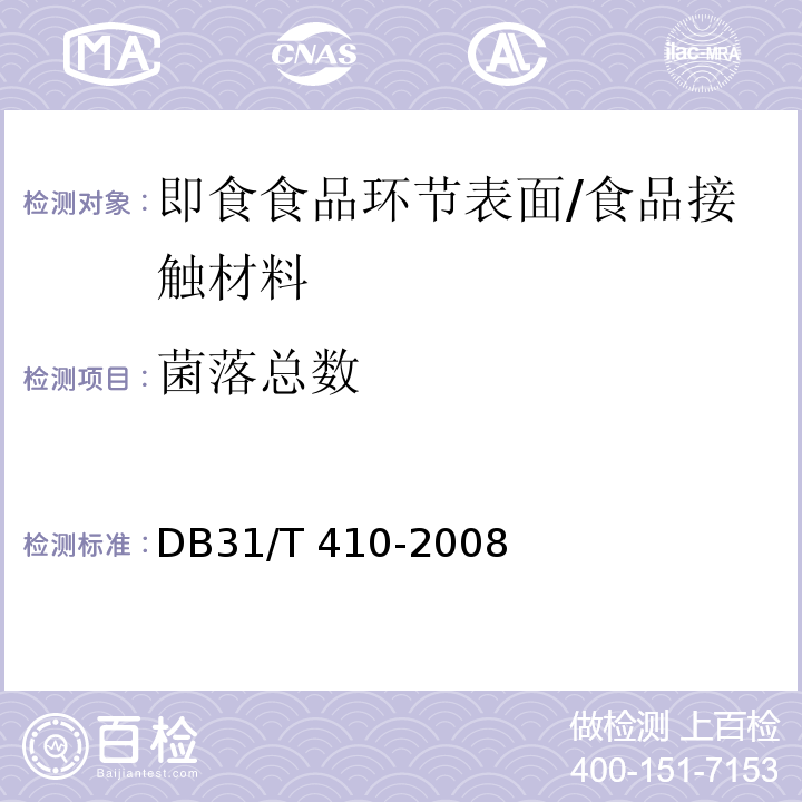 菌落总数 DB31/T 410-2008 餐饮业即食食品环节表面卫生要求