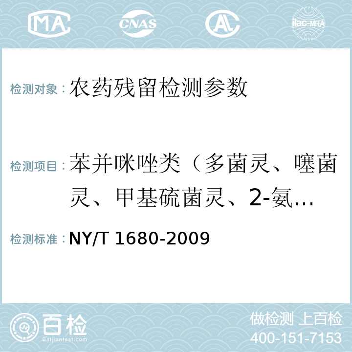 苯并咪唑类（多菌灵、噻菌灵、甲基硫菌灵、2-氨基苯并咪唑） NY/T 1680-2009 蔬菜水果中多菌灵等4种苯并咪唑类农药残留量的测定 高效液相色谱法