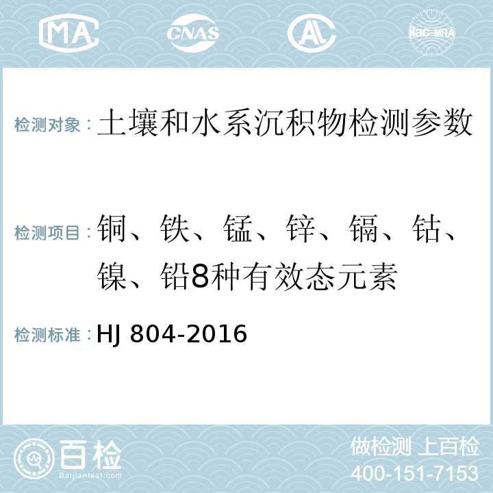 铜、铁、锰、锌、镉、钴、镍、铅8种有效态元素 土壤 8种有效态元素的测定 二乙烯三胺五乙酸浸提-电感耦合等离子体发射光谱法 HJ 804-2016