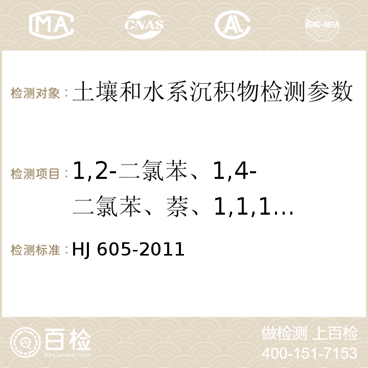 1,2-二氯苯、1,4-二氯苯、萘、1,1,1,2-四氯乙烷、1,1,1-三氯乙烷、1,1,2,2-四氯乙烷、1,1,2-三氯乙烷、1,1-二氯乙烯、1,1-二氯乙烷、1,2,3-三氯丙烷、1,2-二氯丙烷、1,2-二氯乙烷、1,2-二溴乙烷、一溴二氯甲烷、三氯乙烯、乙苯、二氯甲烷、二溴氯甲烷、反式-1,2-二氯乙烯、四氯乙烯、四氯化碳对-二甲苯、氯乙烯、氯仿、氯甲烷、氯苯、溴仿、甲苯、苯、苯乙烯、邻-二甲苯、间-二甲苯、顺式-1,2-二氯乙烯 土壤和沉积物 挥发性有机物的测定 吹扫捕集/气相色谱-质谱法 HJ 605-2011