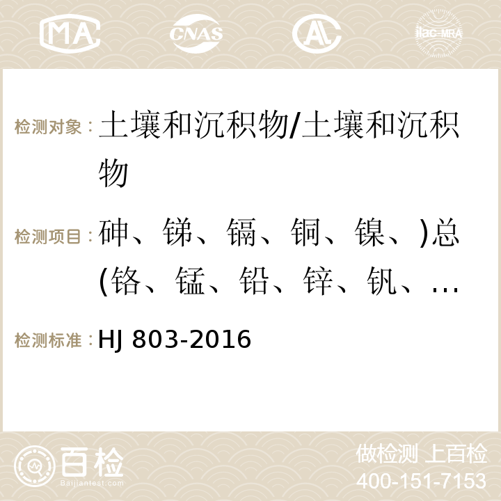 砷、锑、镉、铜、镍、)总(铬、锰、铅、锌、钒、钴、钼 土壤和沉积物 12种金属元素的测定 王水提取-电感耦合等离子体质谱法/HJ 803-2016