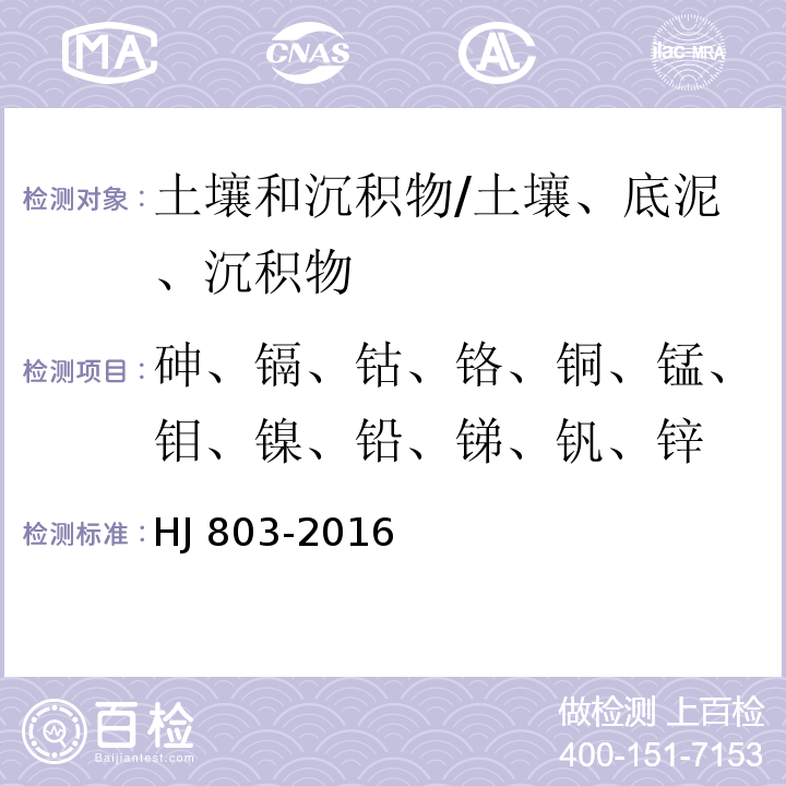 砷、镉、钴、铬、铜、锰、钼、镍、铅、锑、钒、锌 土壤和沉积物 12种金属元素的测定 王水提取-电感耦合等离子体质谱法/HJ 803-2016