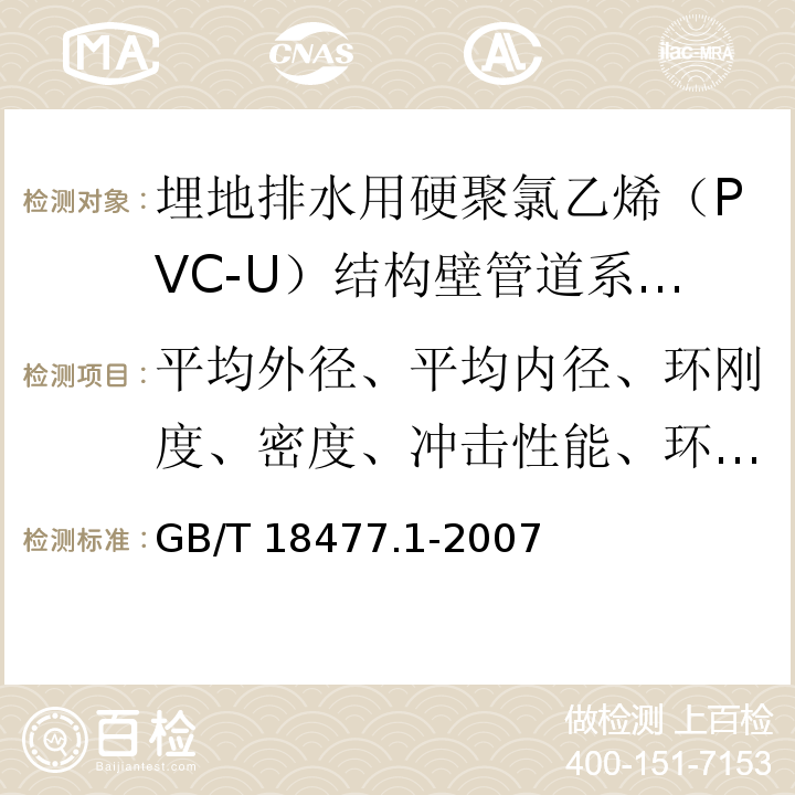 平均外径、平均内径、环刚度、密度、冲击性能、环柔性、烘箱试验 埋地排水用硬聚氯乙烯（PVC-U）结构壁管道系统 第1部分：双壁波纹管材 /GB/T 18477.1-2007