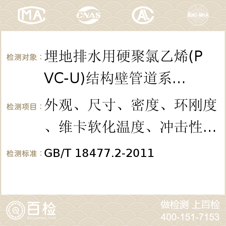 外观、尺寸、密度、环刚度、维卡软化温度、冲击性能、环柔性、烘箱试验、静液压试验 GB/T 18477.2-2011 埋地排水用硬聚氯乙烯(PVC-U)结构壁管道系统 第2部分:加筋管材