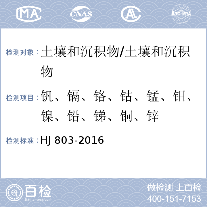 钒、镉、铬、钴、锰、钼、镍、铅、锑、铜、锌 土壤和沉积物 12种金属元素的测定 王水提取-电感耦合等离子体质谱法/HJ 803-2016