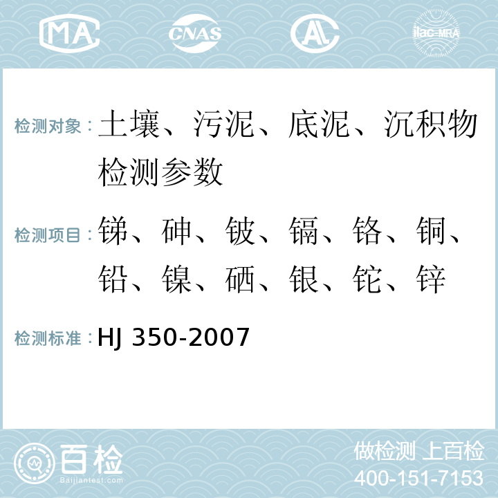 锑、砷、铍、镉、铬、铜、铅、镍、硒、银、铊、锌 HJ/T 350-2007 展览会用地土壤环境质量评价标准(暂行)