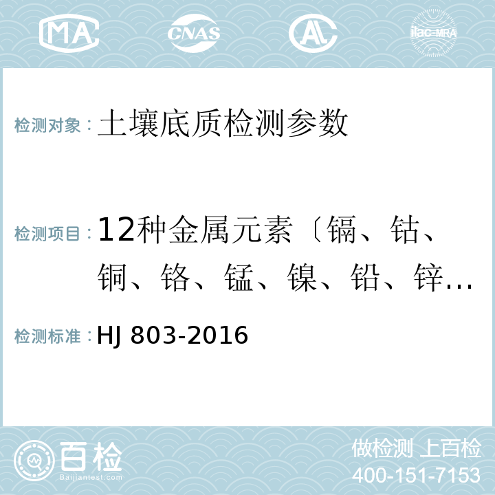 12种金属元素〔镉、钴、铜、铬、锰、镍、铅、锌、钒、砷、钼、锑〕 土壤和沉积物 12种金属元素的测定 王水提取-电感耦合等离子体质谱法 HJ 803-2016