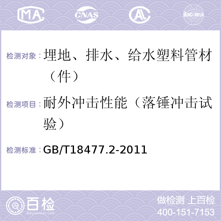 耐外冲击性能（落锤冲击试验） 埋地排水用硬聚氯乙烯(PVC-U)结构壁管道系统 第2部分：加筋管材 GB/T18477.2-2011