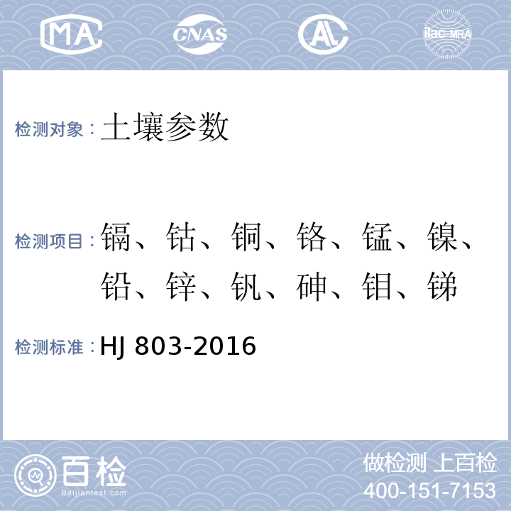 镉、钴、铜、铬、锰、镍、铅、锌、钒、砷、钼、锑 土壤和沉积物 12种金属元素的测定 王水提取-电感耦合等离子质谱法 HJ 803-2016