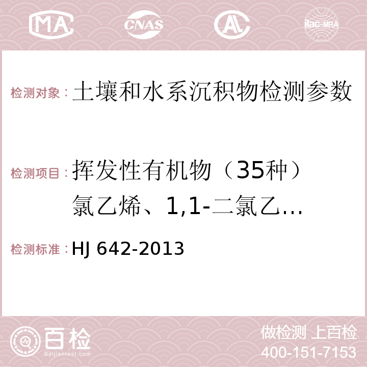 挥发性有机物（35种） 氯乙烯、1,1-二氯乙烯、二氯甲烷、反-1,2-二氯乙烯、1,1-二氯乙烷、顺-1,2,-二氯乙烯、氯仿、1,1,1-三氯乙烷、四氯化碳、1,2-二氯乙烷、苯、三氯乙烯、1,2-二氯丙烷、一溴二氯甲烷、甲苯、1,1,2-三氯乙烷、四氯乙烯、二溴氯甲烷、1,2-二溴乙烷、氯苯、1,1,1,2-四氯乙烷、乙苯、间,对-二甲苯、邻-二甲苯、苯乙烯、溴仿、1,1,2,2-四氯乙烷、1,2,3-三氯丙烷、1,3,5-三甲基苯、1,2,4-三甲基苯、1,3-二氯苯、1,4-二氯苯、1,2-二氯苯、1,2,4-三氯苯、六氯丁二烯 土壤和沉积物 挥发性有机物的测定 顶空/气相色谱-质谱法 HJ 642-2013