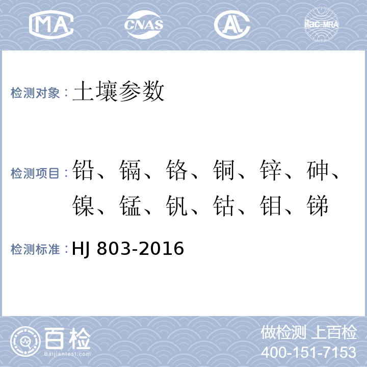 铅、镉、铬、铜、锌、砷、镍、锰、钒、钴、钼、锑 土壤和沉积物 12种金属元素的测定 王水提取-电感耦合等离子体质谱法 HJ 803-2016