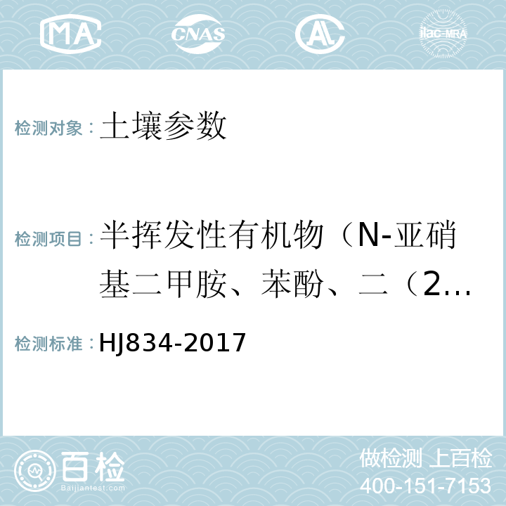 半挥发性有机物（N-亚硝基二甲胺、苯酚、二（2-氯乙基）醚、2-氯苯酚、1，3-二氯苯、1，4-二氯苯、1，2-二氯苯、2-甲基苯酚、二（2-氯异丙基）醚、六氯乙烷、N-亚硝基二正丙胺、4-甲基苯酚、硝基苯、异氟尔酮、2-硝基苯酚、2,4-二甲基苯酚、二（2-氯乙氧基）甲烷、2，4-二氯苯酚、1,2,4-三氯苯、萘、4-氯苯胺、六氯丁二烯、4-氯-3-甲基苯酚、2-甲基萘、六氯环戊二烯、2,4,6-三氯苯酚、2,4,5-三氯苯酚、2-氯萘、2-硝基苯胺、苊烯、邻苯二甲酸甲酯、2,6-二硝基甲苯、3-硝基苯胺、2,4-二硝基苯酚、苊、二苯并呋喃、4-硝基苯酚、2,4-二硝基甲苯、芴、邻苯二甲酸二乙酯、4-氯苯基苯基醚、4-硝基苯胺、4,6-二硝基-2-甲基苯酚、偶氮苯、4-溴二苯基醚、六氯苯、五氯苯酚、菲、蒽、咔唑、邻苯二甲酸二正丁酯、荧蒽、芘、邻苯二甲酸丁基苄基酯、苯并（a)蒽、䓛、邻苯二甲酸二（2-二乙基己基）酯、邻苯二甲酸二正辛酯、苯并(b)荧蒽、苯并(k)荧蒽、苯并(a)芘、茚并（1,2,3-cd)芘、二苯并(ah)蒽、苯并(ghi)苝、苯胺 土壤和沉积物半挥发性有机物的测定气相色谱-质谱法 HJ834-2017