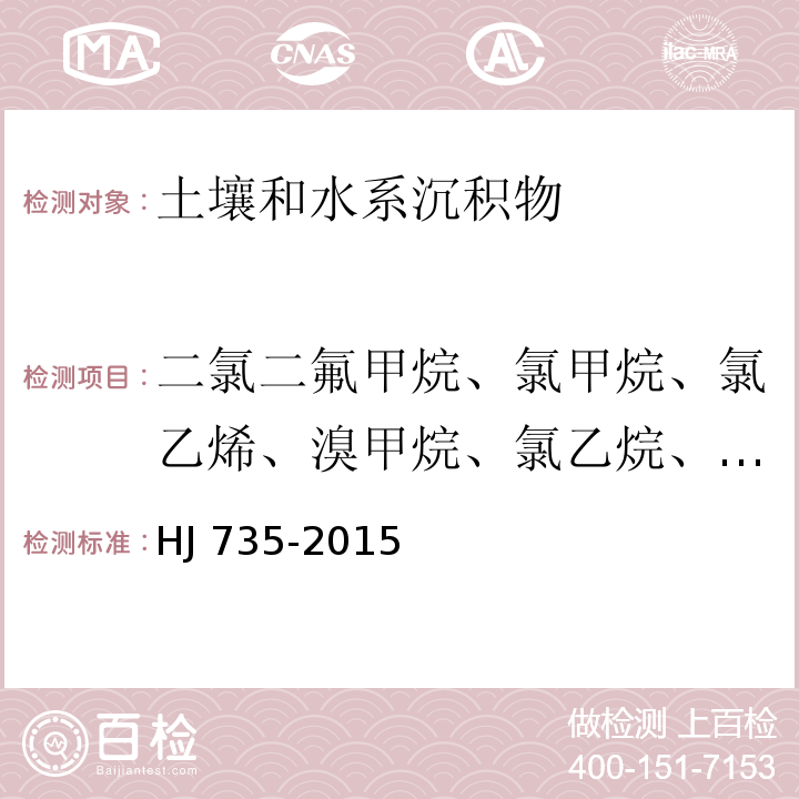 二氯二氟甲烷、氯甲烷、氯乙烯、溴甲烷、氯乙烷、三氯氟甲烷、1,1-二氯乙烯、二氯甲烷、反式-1,2-二氯乙烯、1,1-二氯乙烷、2,2-二氯丙烷、顺式-1,2-二氯乙烯、溴氯甲烷、氯仿、1,1,1-三氯乙烷、四氯化碳、1,1-二氯丙烯、1,2-二氯乙烷、三氯乙烯、1,2-二氯丙烷、一溴二氯甲烷、二溴甲烷、1,1,2-三氯乙烷、四氯乙烯、1,3-二氯丙烷、二溴氯甲烷、1,2-二溴乙烷、1,1,1,2-四氯乙烷、1,1,2,2-四氯乙烷、1,2,3-三氯丙烷、1,2-二溴-3-氯丙烷、六氯丁二烯、顺-1,3-二氯丙烯、反-1,3-二氯丙烯、溴仿 土壤和沉积物 挥发性卤代烃的测定 吹扫捕集/气相色谱-质谱法HJ 735-2015