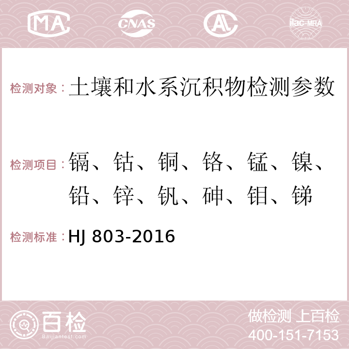 镉、钴、铜、铬、锰、镍、铅、锌、钒、砷、钼、锑 土壤和沉积物 12种金属元素的测定 王水提取-电感耦合等离子体质谱法 （HJ 803-2016）