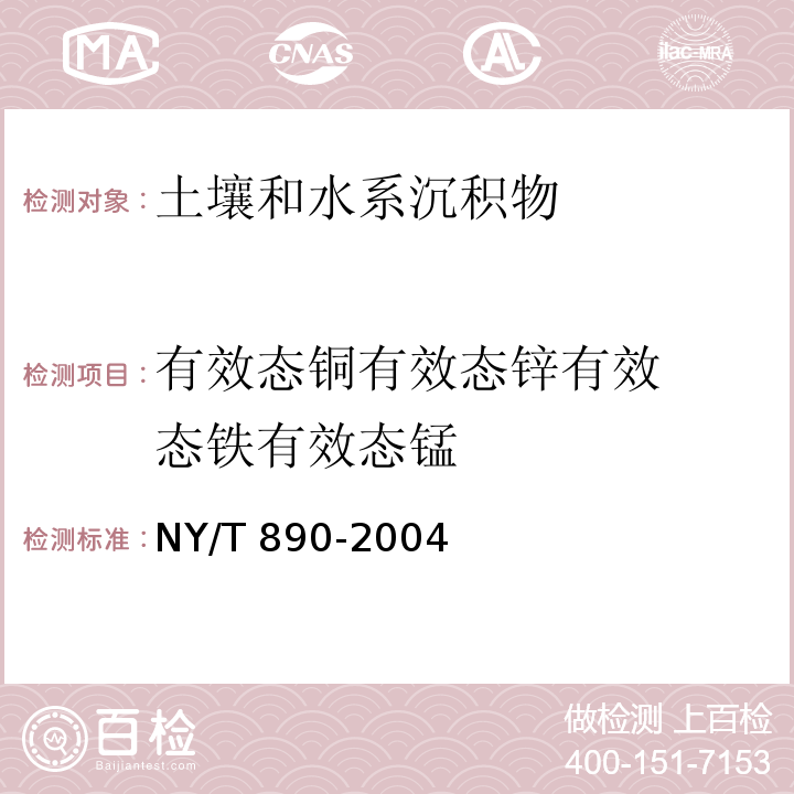 有效态铜
有效态锌
有效态铁
有效态锰 NY/T 890-2004 土壤有效态锌、锰、铁、铜含量的测定 二乙三胺五乙酸(DTPA)浸提法