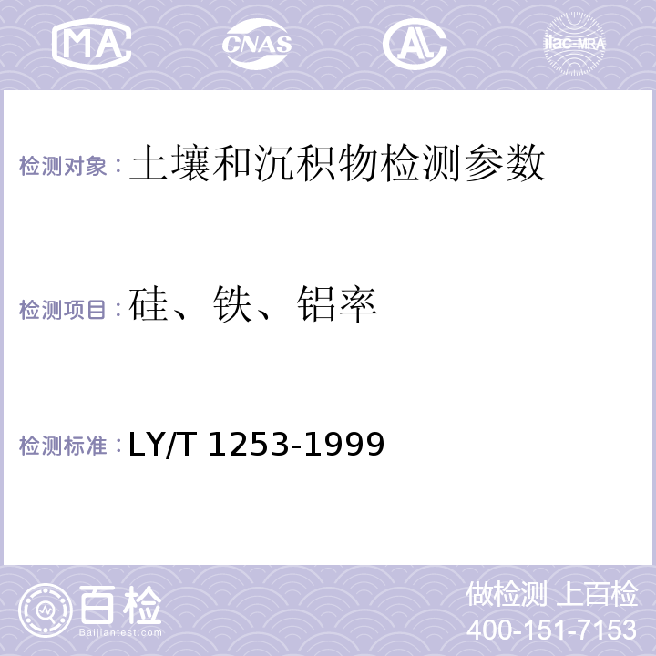 硅、铁、铝率 森林土壤矿质全量元素(硅、铁、铝、钛、锰、钙、镁、磷)烧失量的测定（6 硅、铁、铝率的计算）LY/T 1253-1999