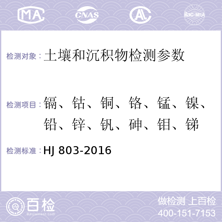 镉、钴、铜、铬、锰、镍、铅、锌、钒、砷、钼、锑 土壤和沉积物 12种金属元素的测定 王水提取-电感耦合等离子体质谱法 HJ 803-2016