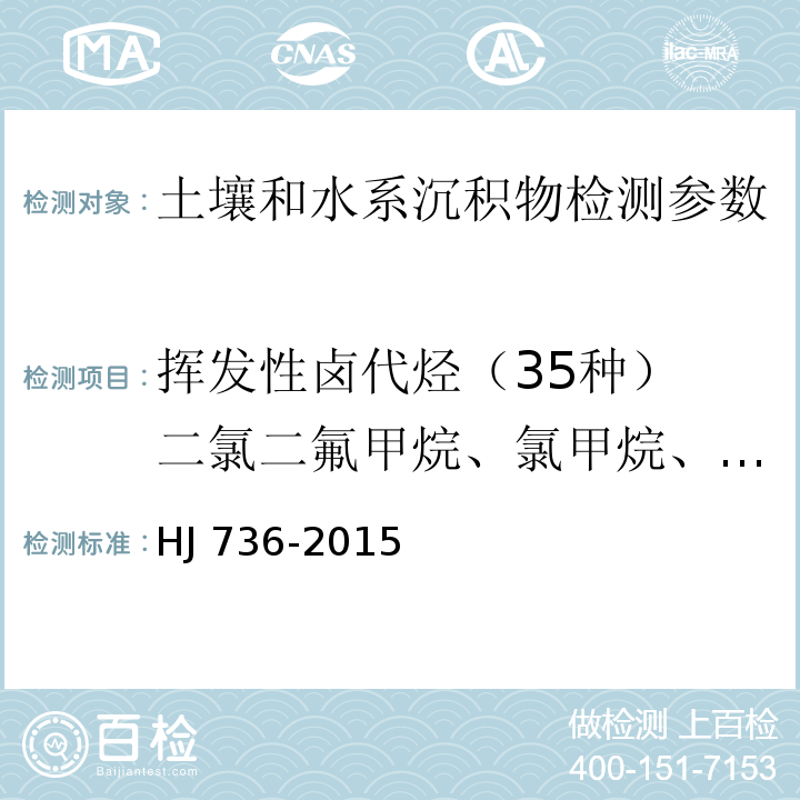 挥发性卤代烃（35种） 二氯二氟甲烷、氯甲烷、氯乙烯、溴甲烷、氯乙烷、三氯氟甲烷、1,1-二氯乙烯、二氯甲烷、反-1,2-二氯乙烯、1,1-二氯乙烷、2,2-二氯丙烷、顺-1,2-二氯乙烯、溴氯甲烷、氯仿、1,1,1-三氯乙烷、1.1-二氯丙烯、四氯化碳、1,2-二氯乙烷、三氯乙烯、1,2-二氯丙烷、二溴甲烷、一溴二氯甲烷、顺-1,3-二氯丙烯、反-1,3-二氯丙烯、1,1,2-三氯乙烷、四氯乙烯、1,3-二氯丙烷、二溴一氯甲烷、1,2-二溴乙烷、1,1,1,2-四氯乙烷、溴仿、1,1,2,2-四氯乙烷、1,2,3-三氯丙烷、1,2-二溴-3-氯丙烷、六氯丁二烯 土壤和沉积物 挥发性卤代烃的测定 顶空/气相色谱-质谱法 HJ 736-2015