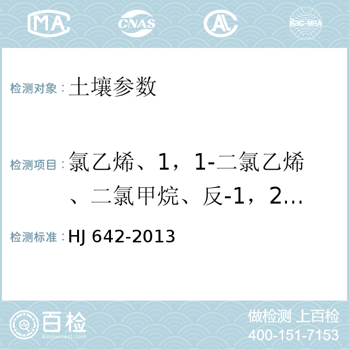 氯乙烯、1，1-二氯乙烯、二氯甲烷、反-1，2-二氯乙烯、顺-1，2-二氯乙烯、氯仿、四氯化碳、1，2-二氯乙烷、三氯乙烯、一溴二氯甲烷、四氯乙烯、二溴氯甲烷、溴仿、六氯丁二烯、苯、甲苯、乙苯、二甲苯、苯乙烯、氯苯、二氯苯、1，2，4-三氯苯 土壤和沉积物 挥发性有机物的测定 顶空/气相色谱-质谱法 HJ 642-2013