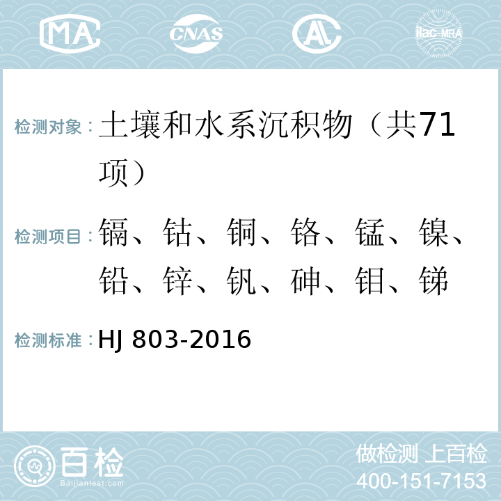 镉、钴、铜、铬、锰、镍、铅、锌、钒、砷、钼、锑 土壤和沉积物12种金属元素的测定 王水提取-电感耦合等离子体质谱法 HJ 803-2016