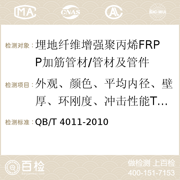 外观、颜色、平均内径、壁厚、环刚度、冲击性能TIR、环柔性、烘箱试验 QB/T 4011-2010 埋地用纤维增强聚丙烯(FRPP)加筋管材